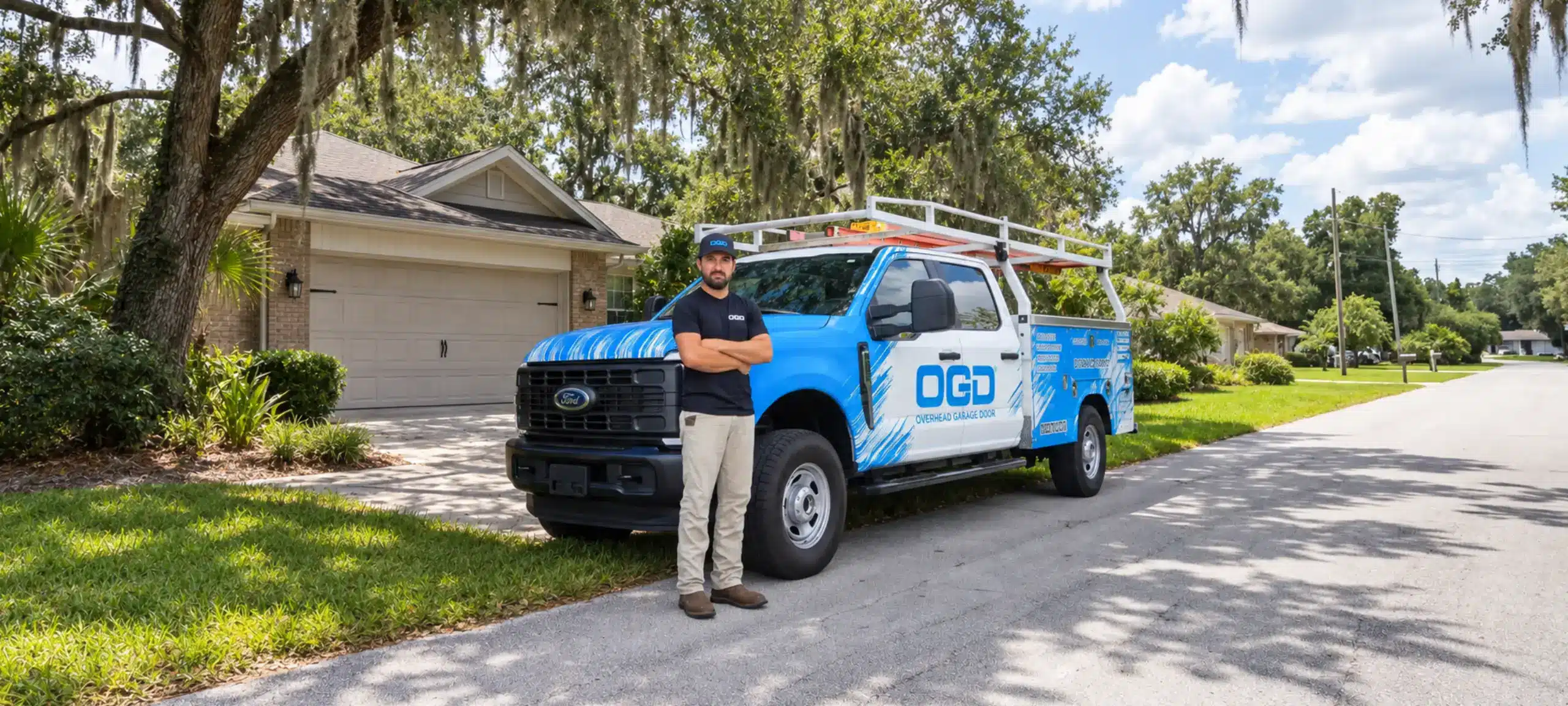 Ogd technician standing in front of an ogd service truck and residential home with garage door